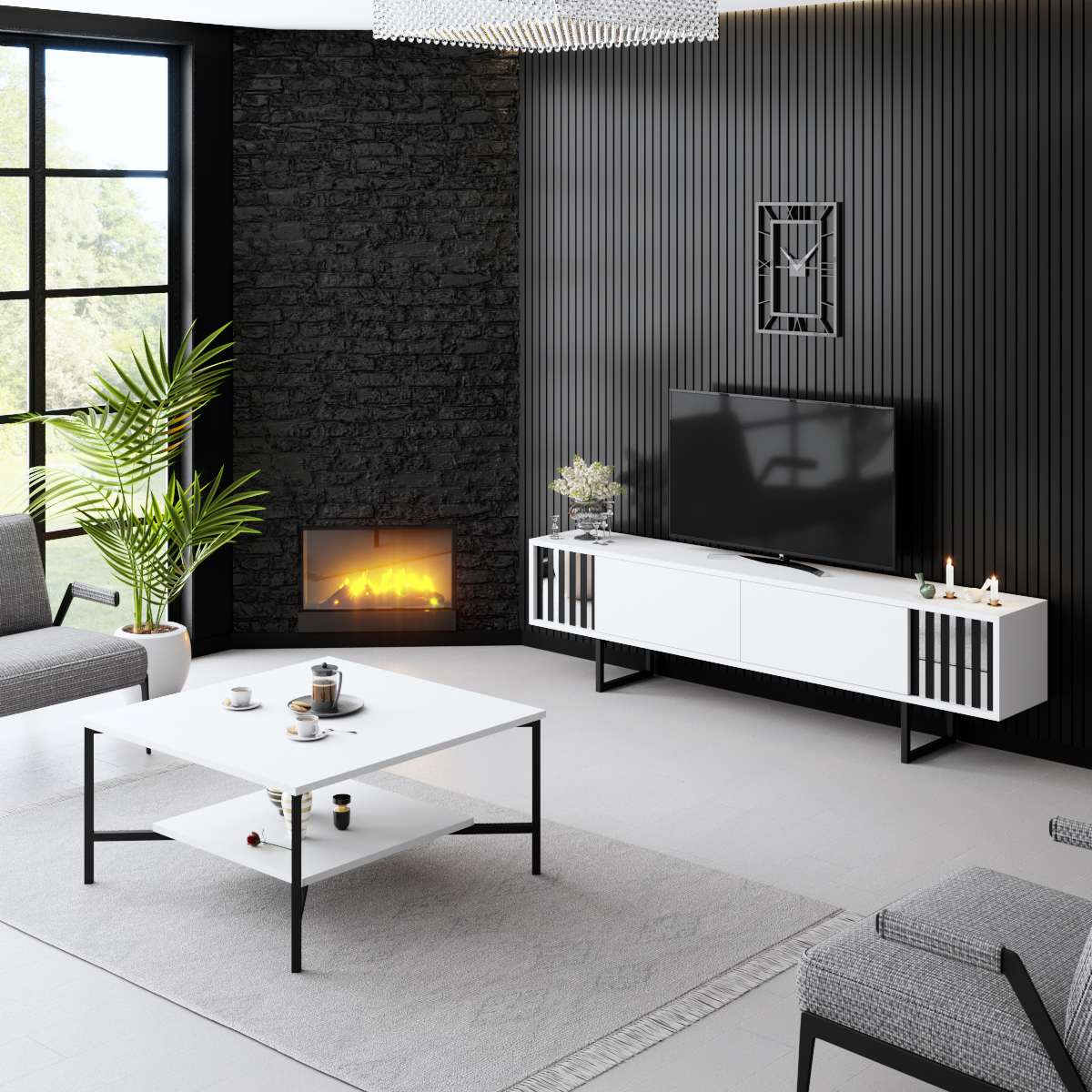 TV Meubels - TV Meubel Wit Chrome Line 180x48x30 - Zwart Frame - Dimehouse