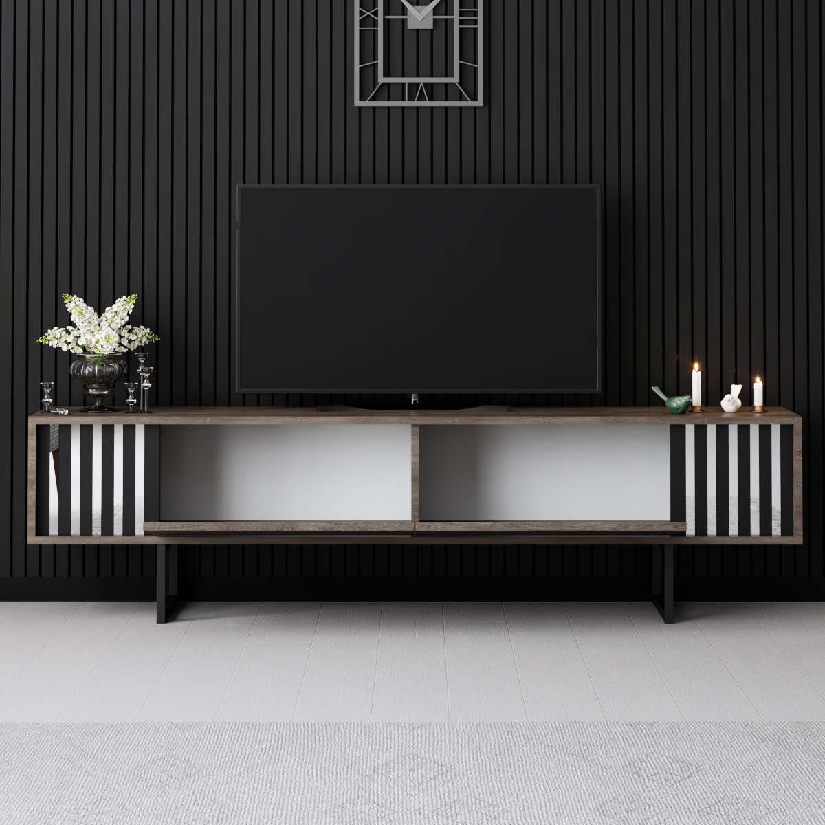 TV Meubels - TV Meubel Walnoot Chrome Line 180x48x30 - Zwart Frame - Dimehouse