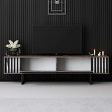 TV Meubels - TV Meubel Walnoot Chrome Line 180x48x30 - Zwart Frame - Dimehouse