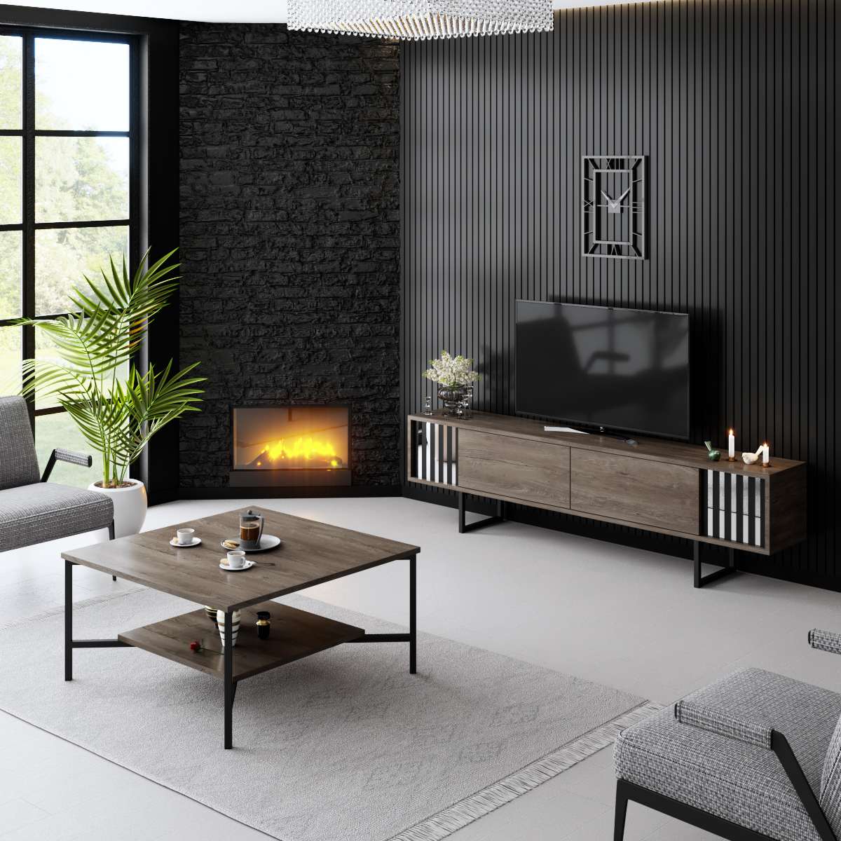 TV Meubels - TV Meubel Walnoot Chrome Line 180x48x30 - Zwart Frame - Dimehouse
