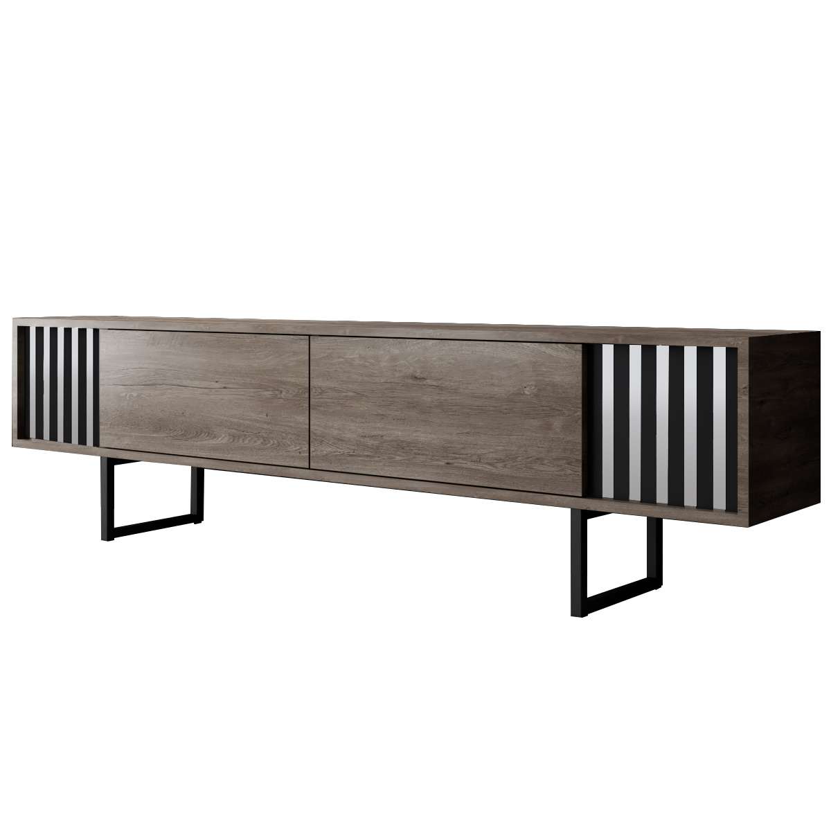 TV Meubels - TV Meubel Walnoot Chrome Line 180x48x30 - Zwart Frame - Dimehouse
