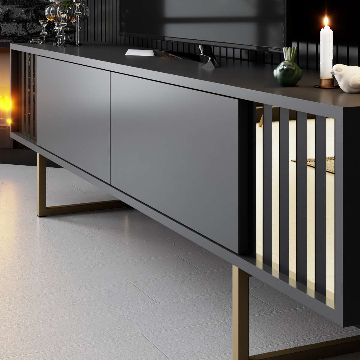 TV Meubels - TV Meubel Antraciet Gold Line 180x48x30 - Gouden Frame - Dimehouse