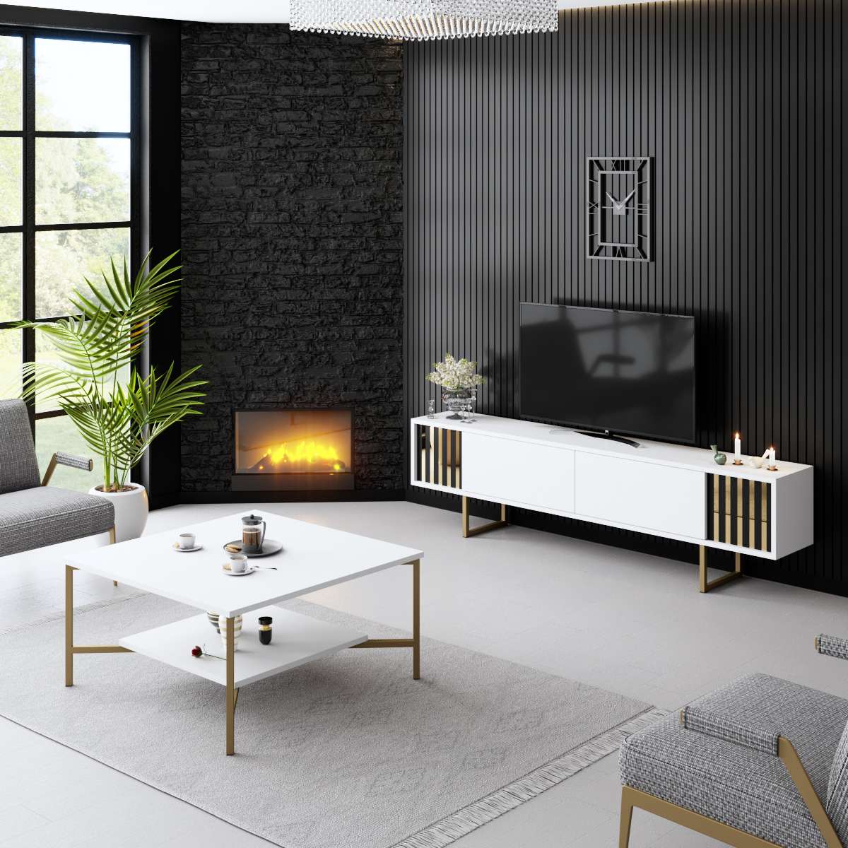 TV Meubels - TV Meubel Wit Gold Line 180x48x30 - Gouden Frame - Dimehouse