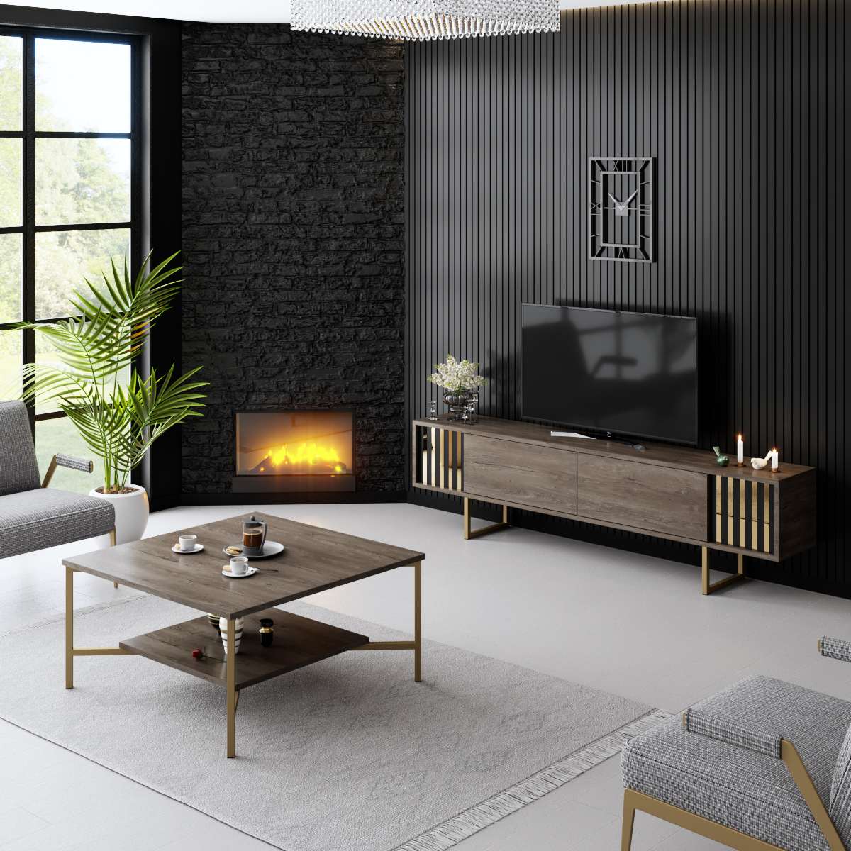 TV Meubels - TV Meubel Walnoot Gold Line 180x48x30 - Gouden Frame - Dimehouse