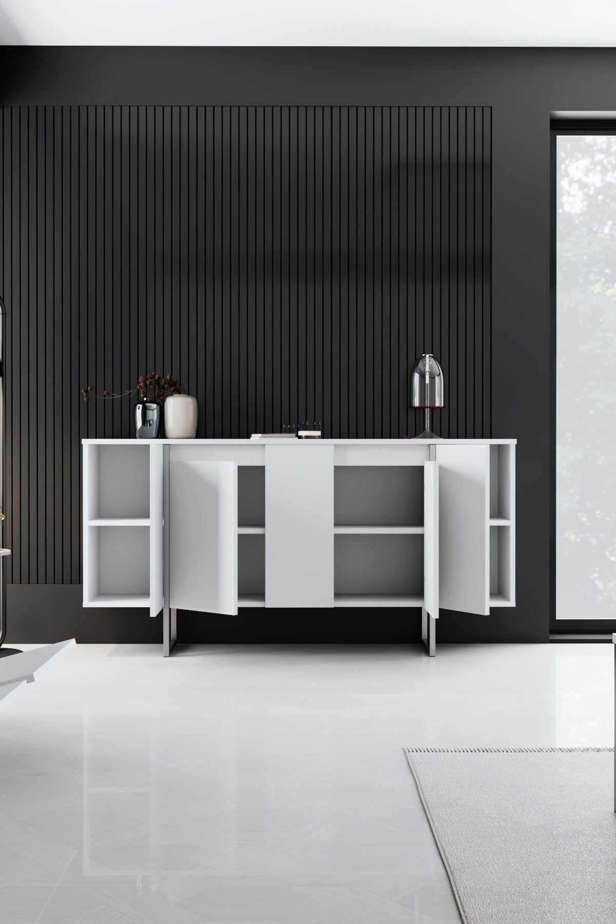 Modern Dresser White Luxury 160x80x35 - Silver Frame