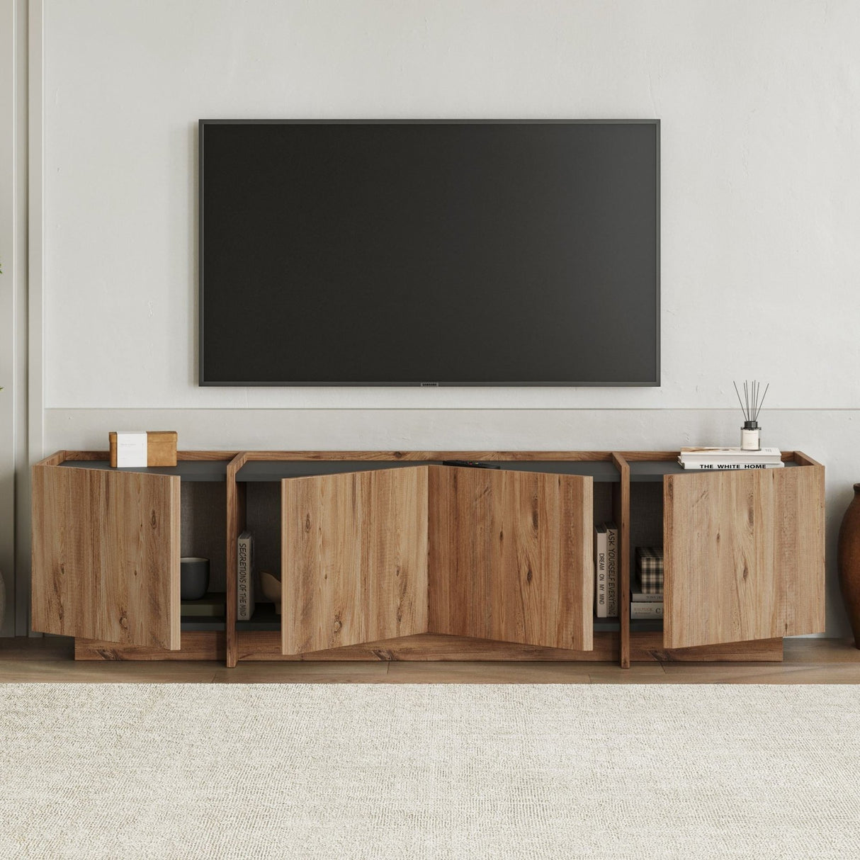 Lowen TV cabinet in oak look 180 cm Atlantic Pine and anthracite melamine wood