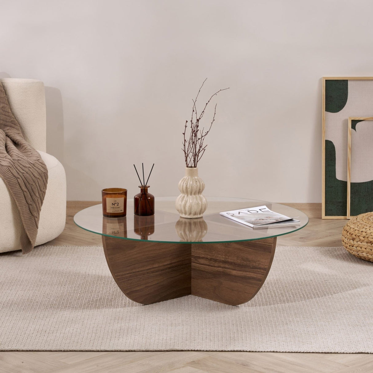 Liya coffee table walnut oval 90 cm Tempered glass