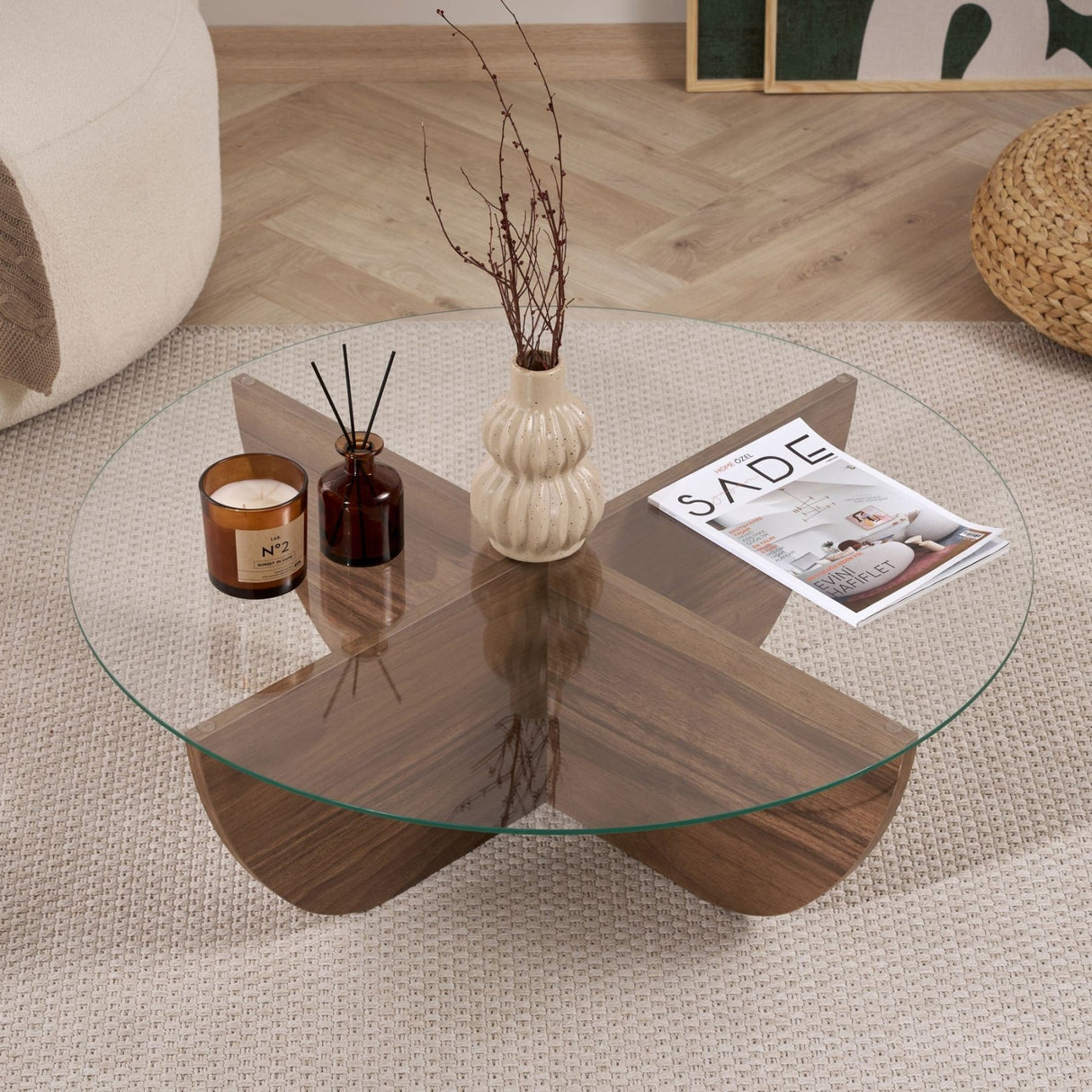 Liya coffee table walnut oval 90 cm Tempered glass