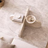 Aris Round Coffee Table 75 cm Glass - Travertine Base 