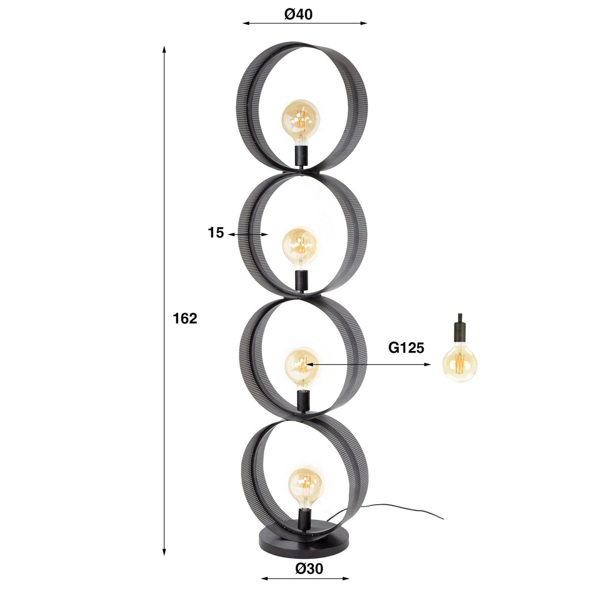 Floor lamp Fons 4-light rings metal black 