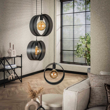 Pendant lamp Fons 3-light stepped rings metal black 