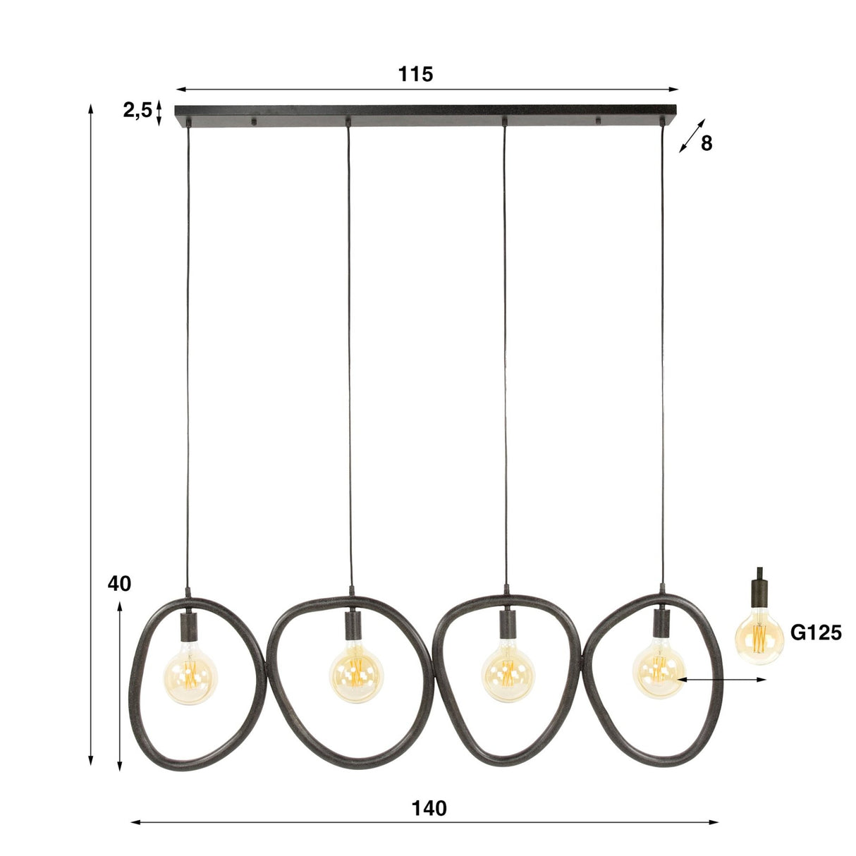 Pendant Lamp Nova 4-lights Black Metal 140 cm 