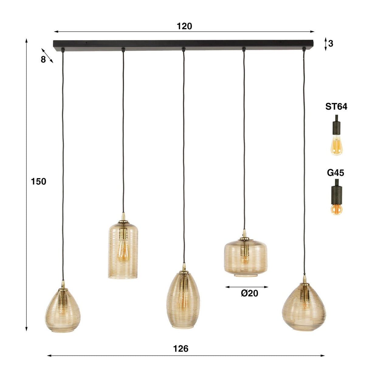 Pendant lamp Axis 5-lights smoke glass brown horizontal 