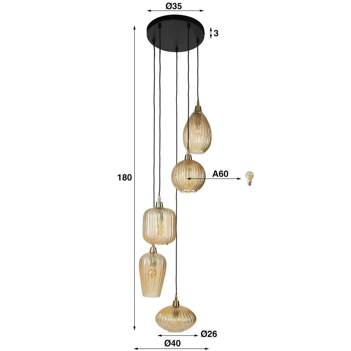 Glass Pendant Lamp Olaf 5-light Amber Gold