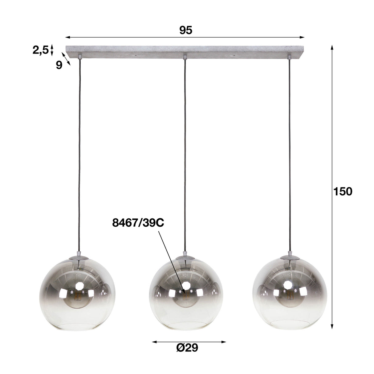 Glazen hanglamp Juliette 3-lichts smokey glass