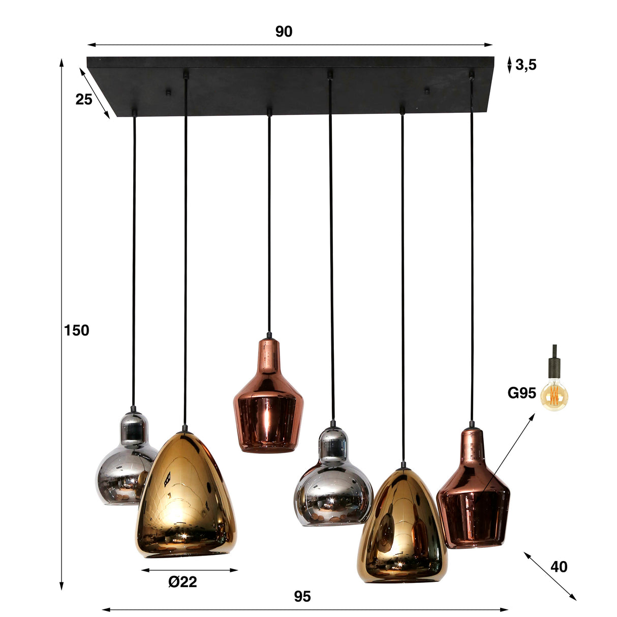 Industrial hanging lamp pam colored glass mixed 6-lights