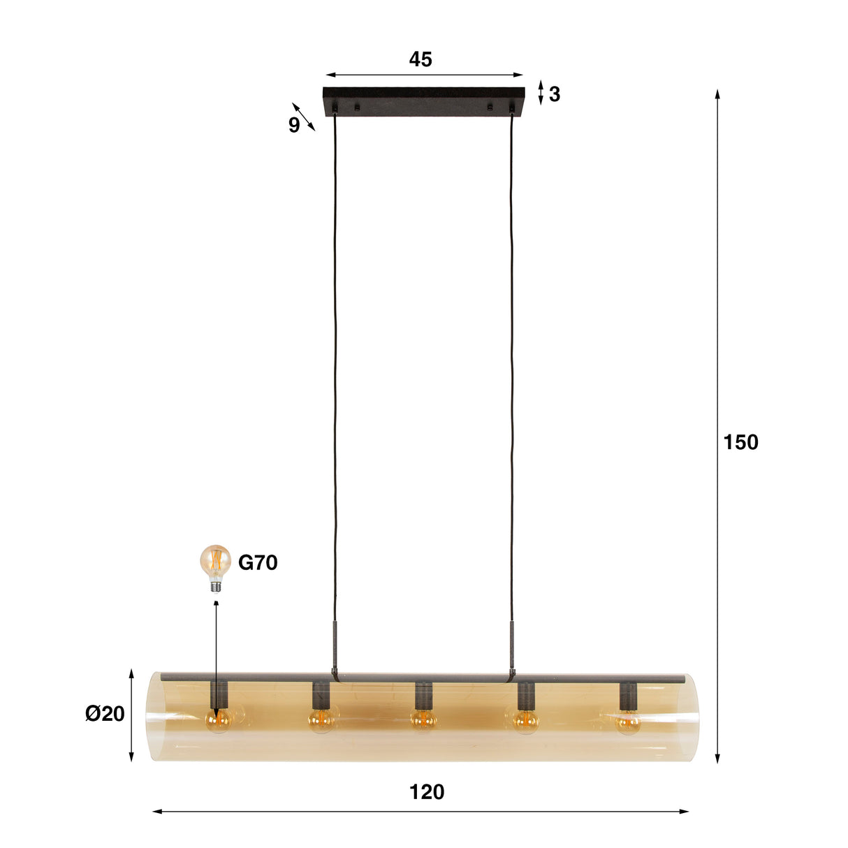 Hanglamp Cai 5-lichts amber glas