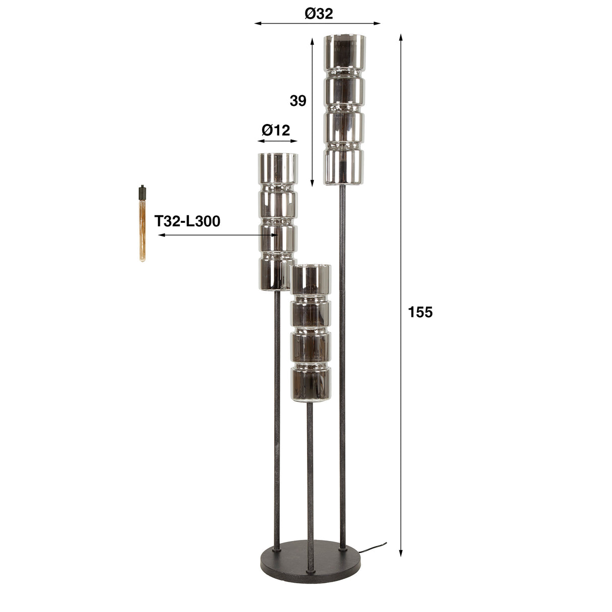 Vloerlamp Kik 3-lichts getrapt cylinder glas