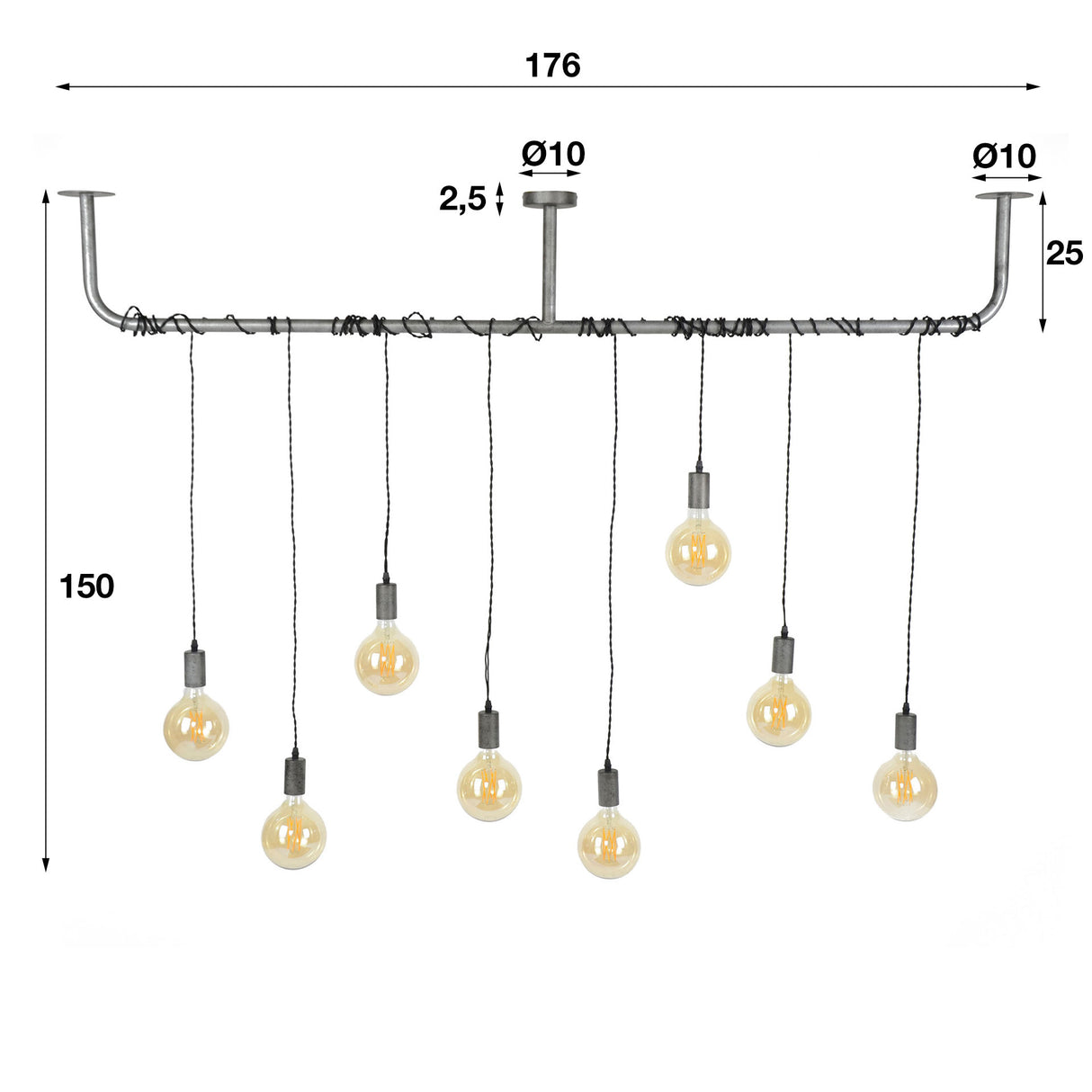 Hanglamp Willow DH Interior Zilver LxBxH 180x33x16 Zilver Witfoto maatindicatie