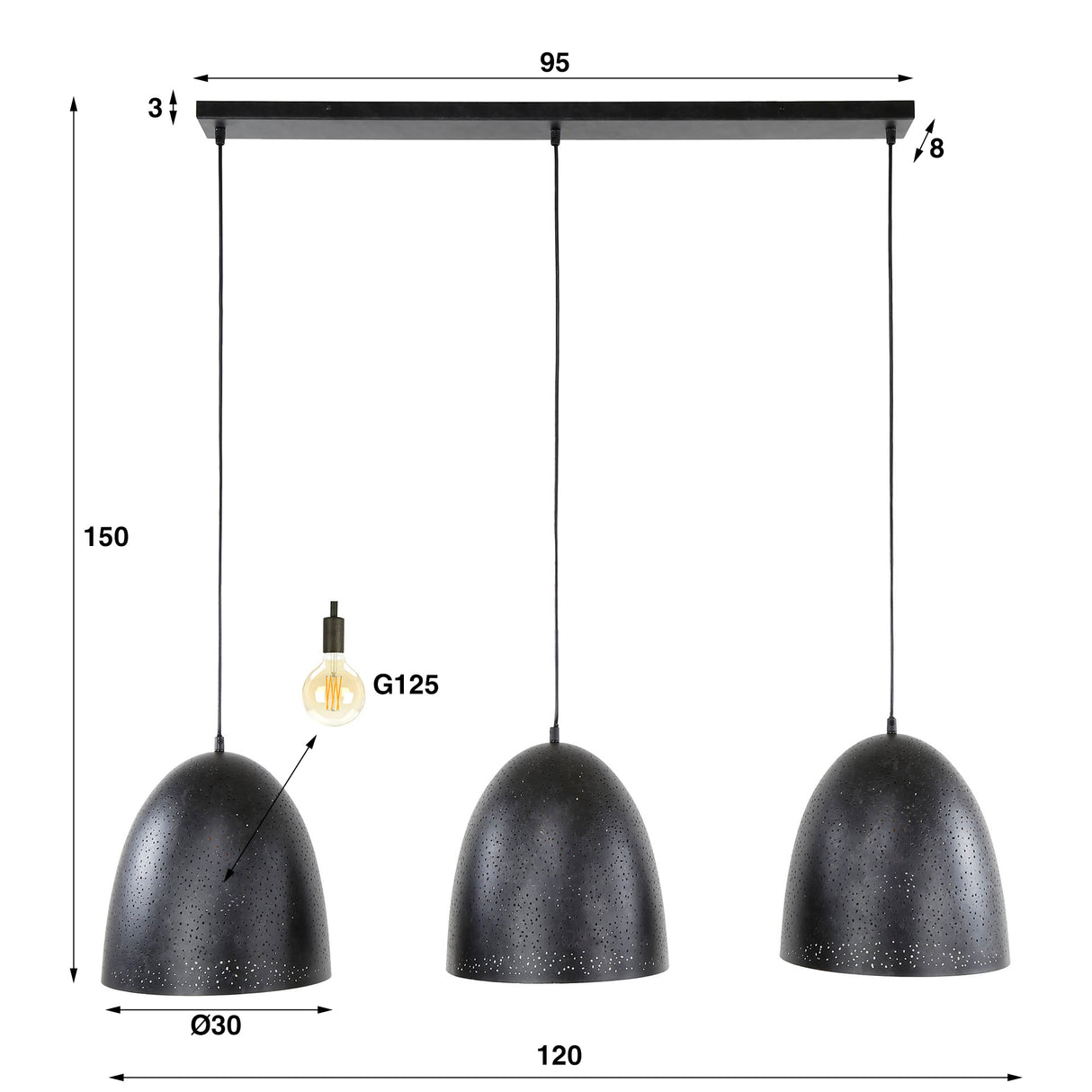 Hanging lamp Kylian 3-light metal black