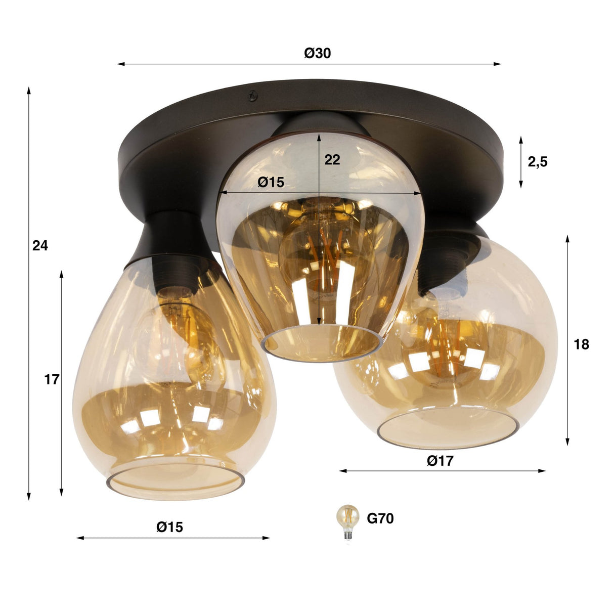Modern ceiling lamp 3-light Felien amber-colored glass