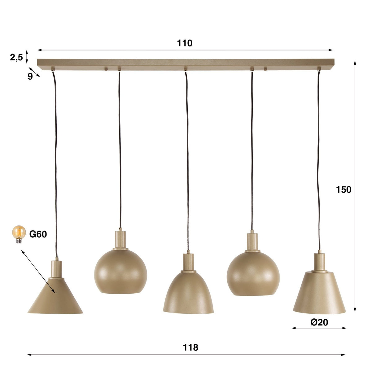 Pendant lamp Nova 5-lights - Beige - 120 cm 