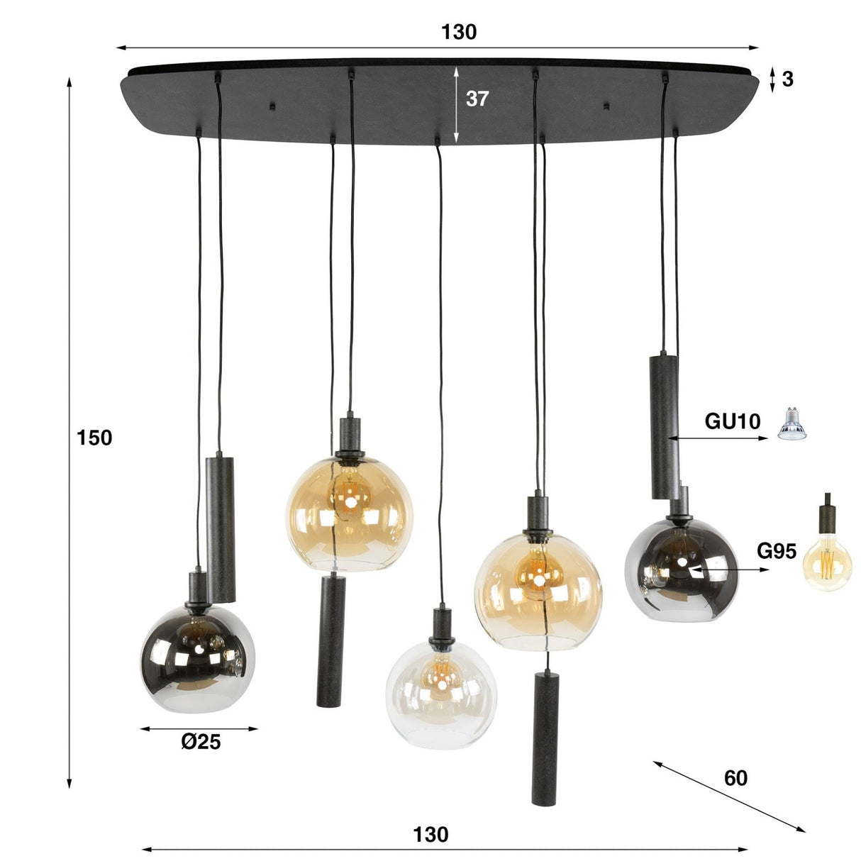 Orbis Tricolore Pendant Lamp 5+4-light Black Metal 