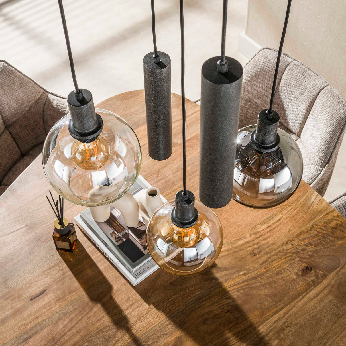 Hanging lamp 5-light stepped colored glass black metal Valeo