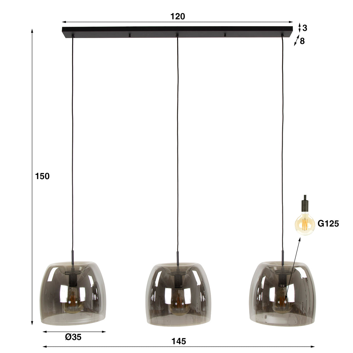 Hanglamp Dain 3-lichts chroomkleurig glas