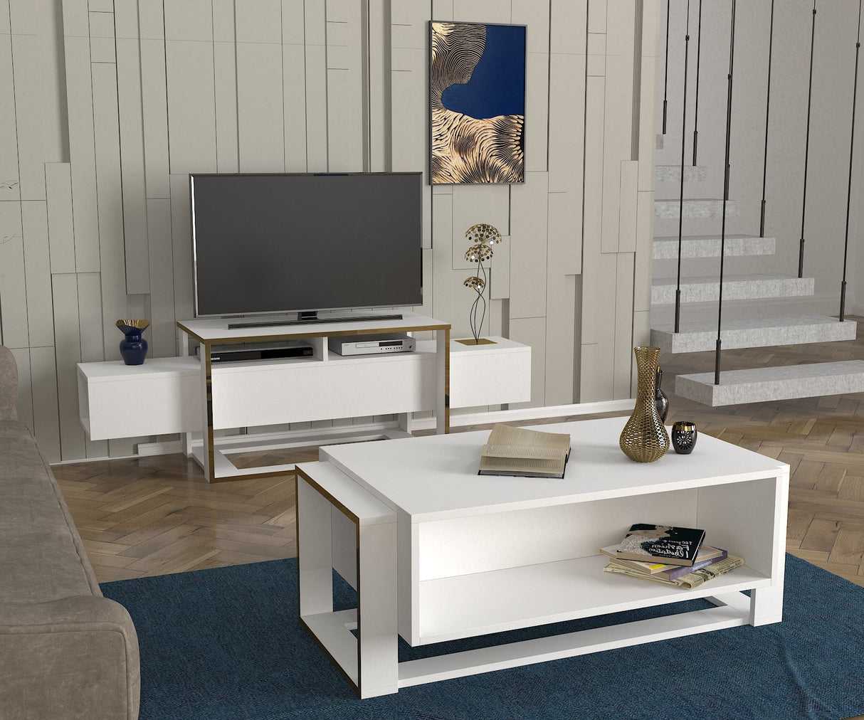 TV Meubels - TV Meubel Bianco Wit Goud Melamine 160x49,8x46,1 cm - Dimehouse