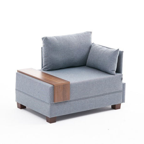 Modern Armchair Blue Fabric Fly - Right - With Wooden Table