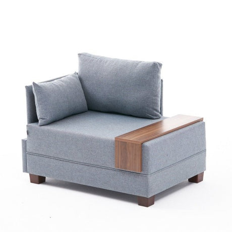 Modern Armchair Blue Fabric Fly - Left - With Wooden Table