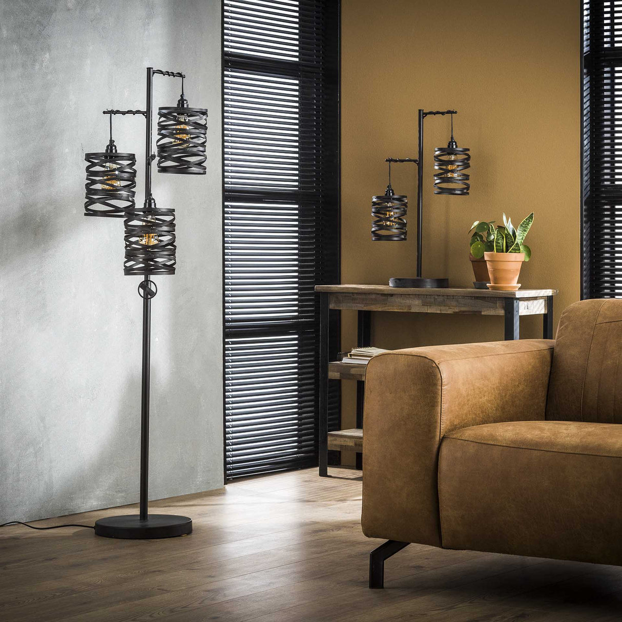 Industrial floor lamp spin metal 3-light slate gray