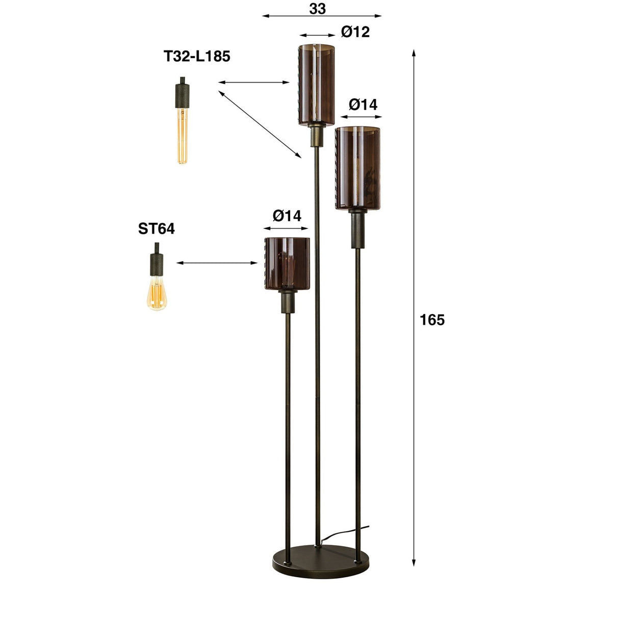 Industrial Floor Lamp 3-light Tiered - Sienna Brown 