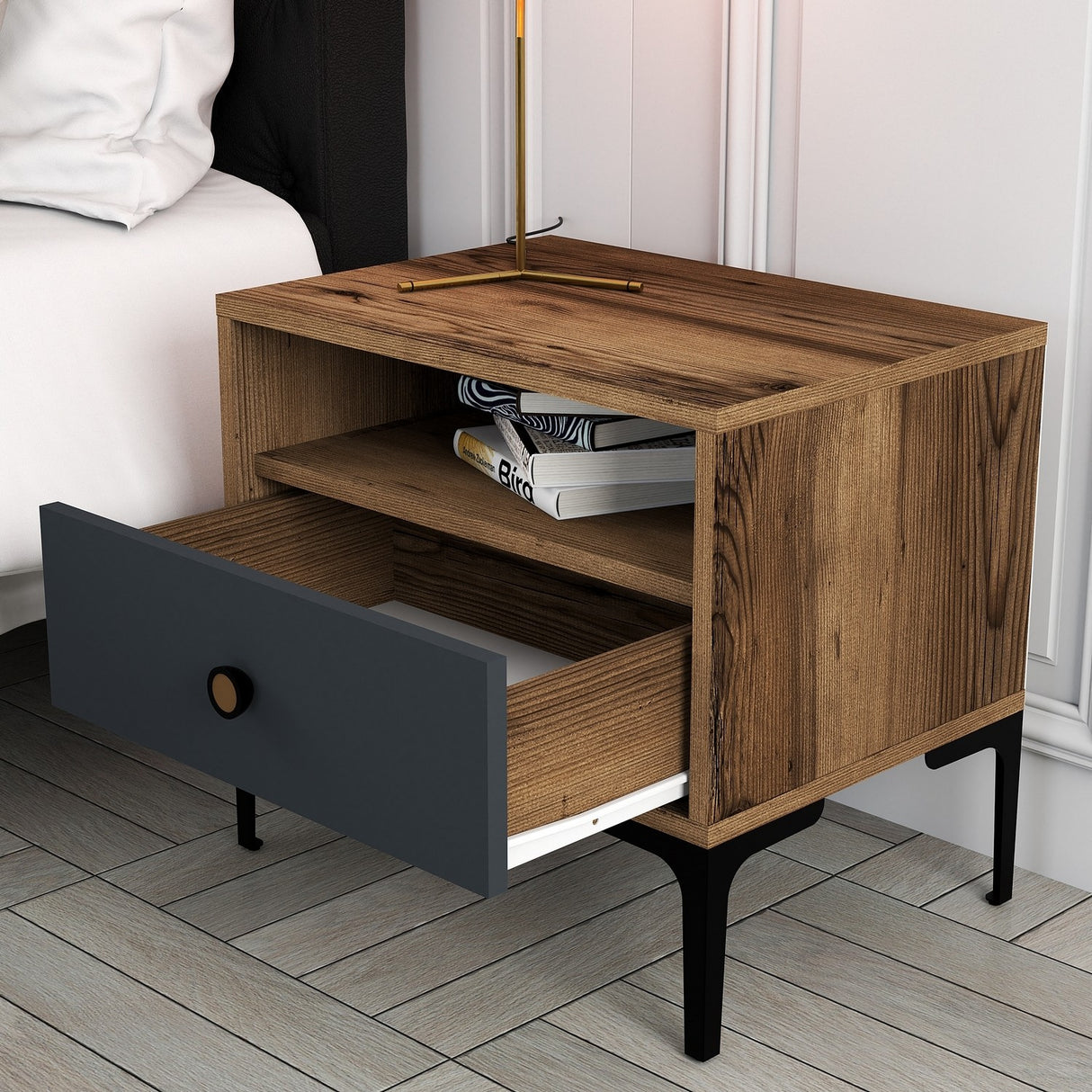 Bedside table Lizbon Walnut Anthracite Melamine 56x50.8x40 cm