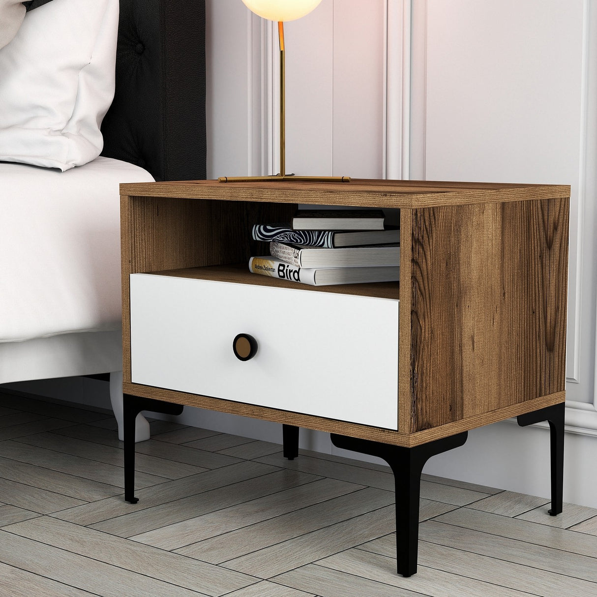 Bedside table Lizbon walnut white melamine 56x50.8x40 cm