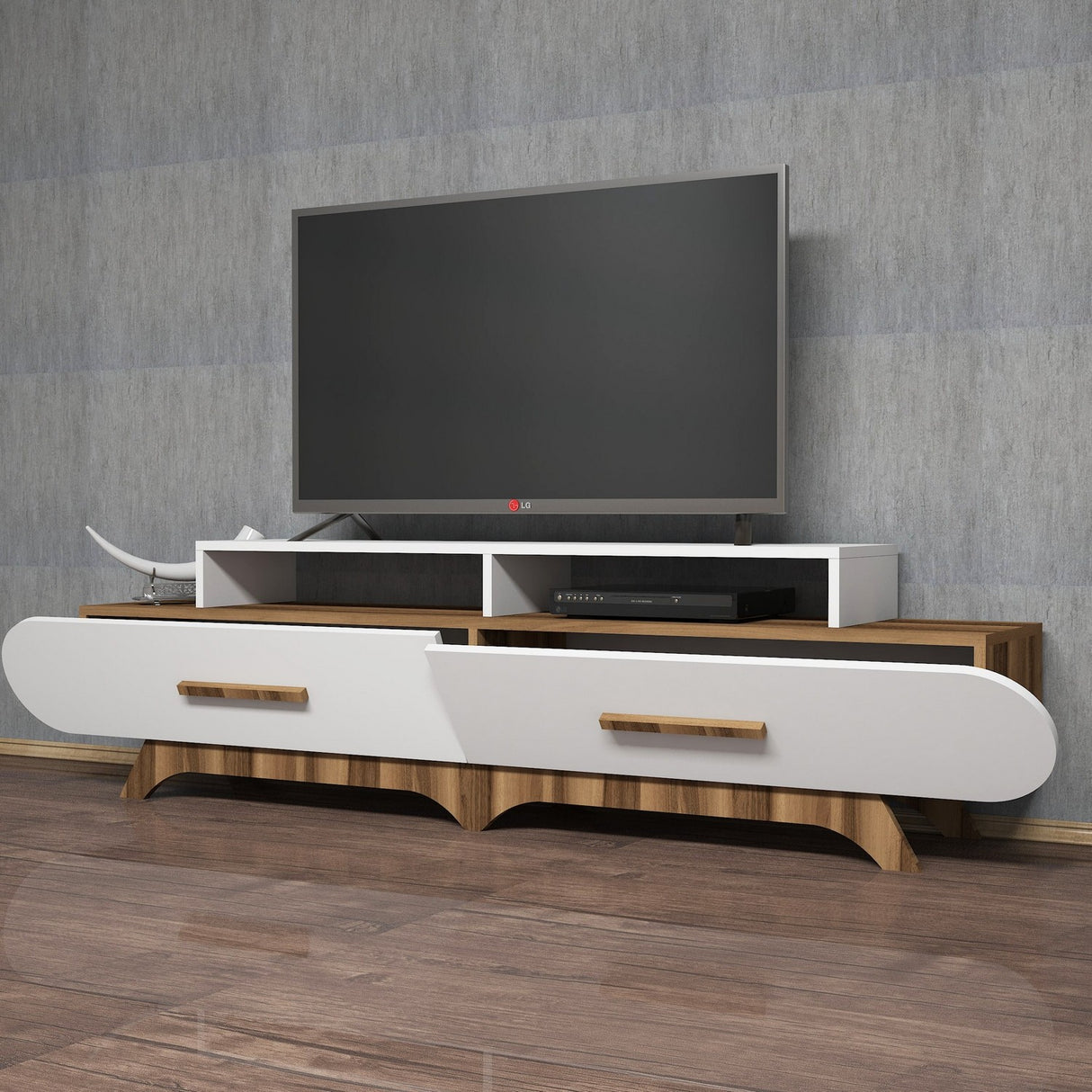 TV Meubels - TV Meubel Flora Walnoot Wit Melamine 205x50x36,8 cm - Dimehouse