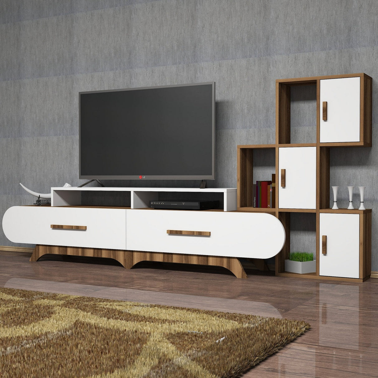TV Meubels - TV Meubel Set Flora S Walnoot Wit Melamine 205x50x36,8 cm - Dimehouse