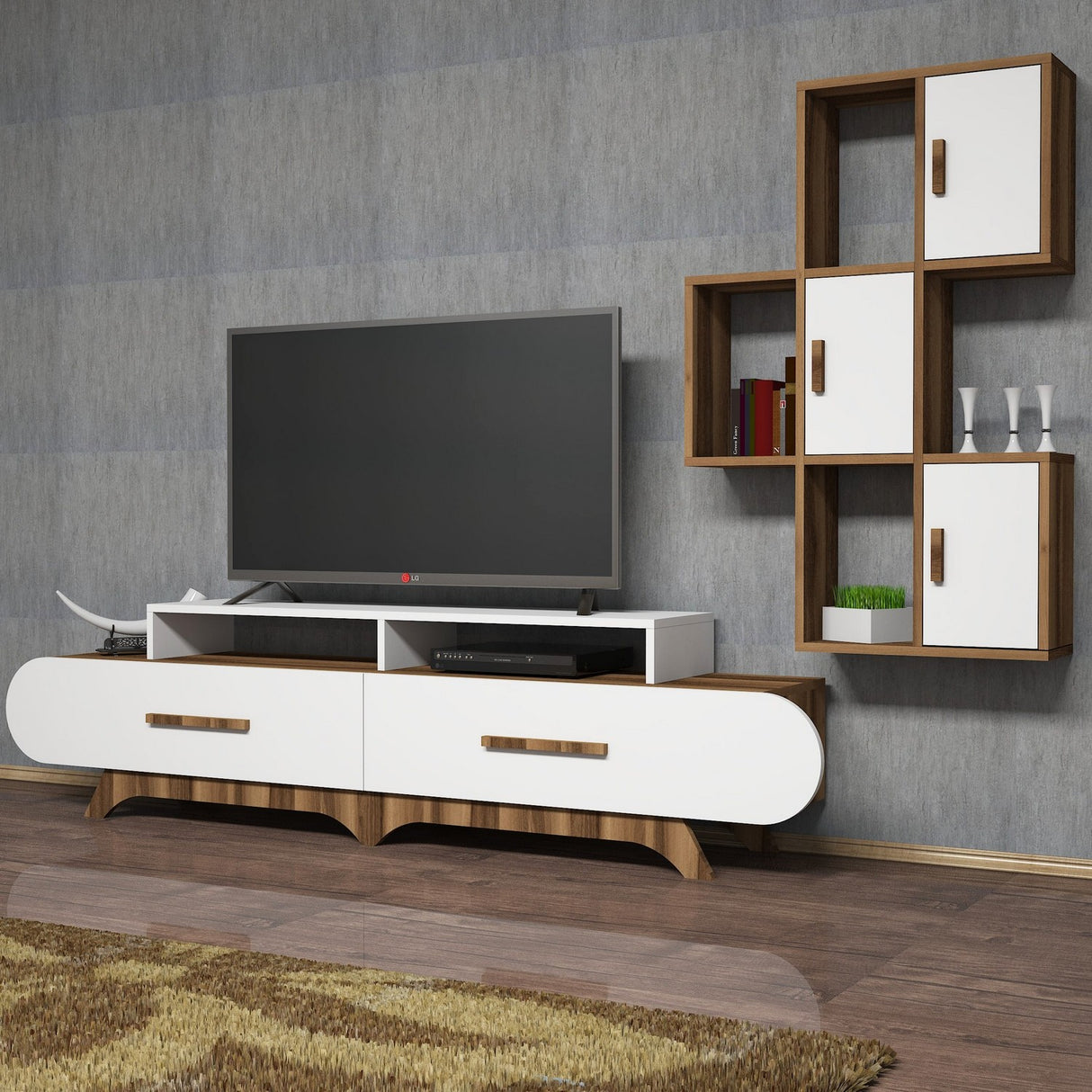 TV Meubels - TV Meubel Set Flora S Walnoot Wit Melamine 205x50x36,8 cm - Dimehouse