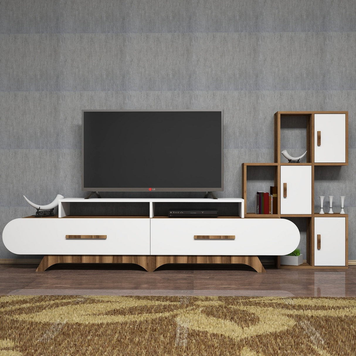 TV Meubels - TV Meubel Set Flora S Walnoot Wit Melamine 205x50x36,8 cm - Dimehouse