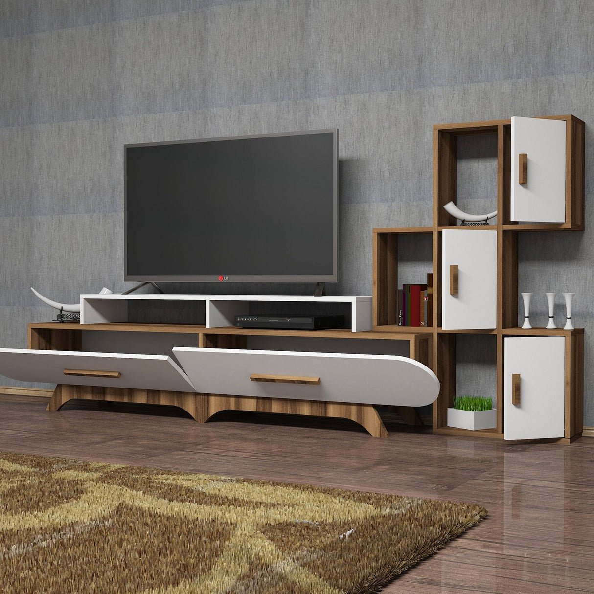 TV Meubels - TV Meubel Set Flora S Walnoot Wit Melamine 205x50x36,8 cm - Dimehouse