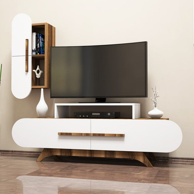 TV Meubels - TV Meubel Set Rose Walnoot Wit Melamine 145x49,8x36,8 cm - Dimehouse