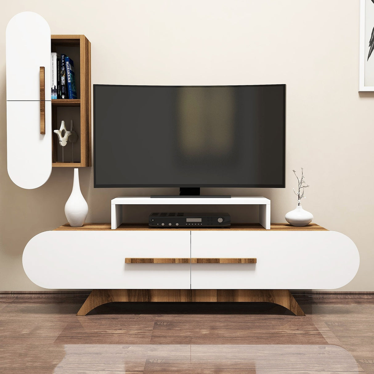 TV Meubels - TV Meubel Set Rose Walnoot Wit Melamine 145x49,8x36,8 cm - Dimehouse