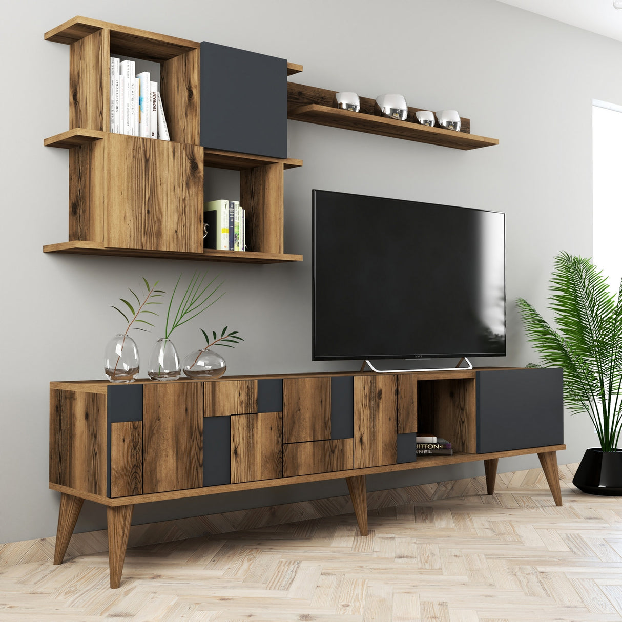 TV Meubels - TV Meubel Set Madrid Walnoot Antraciet Melamine 180x48,6x33,8 cm - Dimehouse