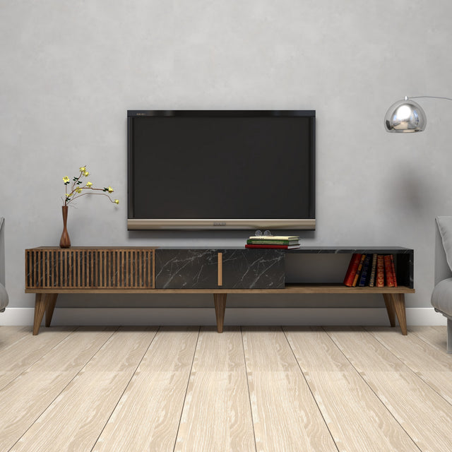 TV Meubels - TV Meubel Milan Walnoot Zwart Melamine 180x40x35 cm - Dimehouse