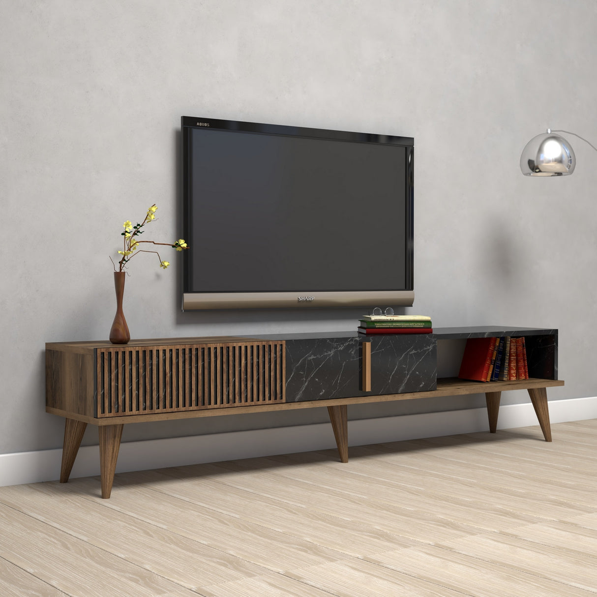 TV Meubels - TV Meubel Milan Walnoot Zwart Melamine 180x40x35 cm - Dimehouse