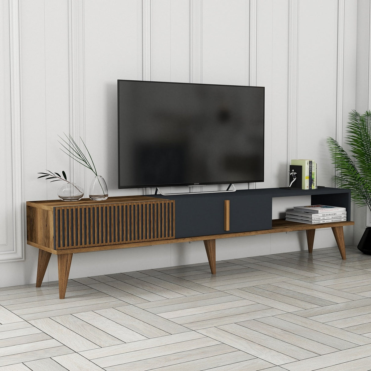 TV Meubels - TV Meubel Milan Alt Walnoot Antraciet Melamine 180x40x35 cm - Dimehouse