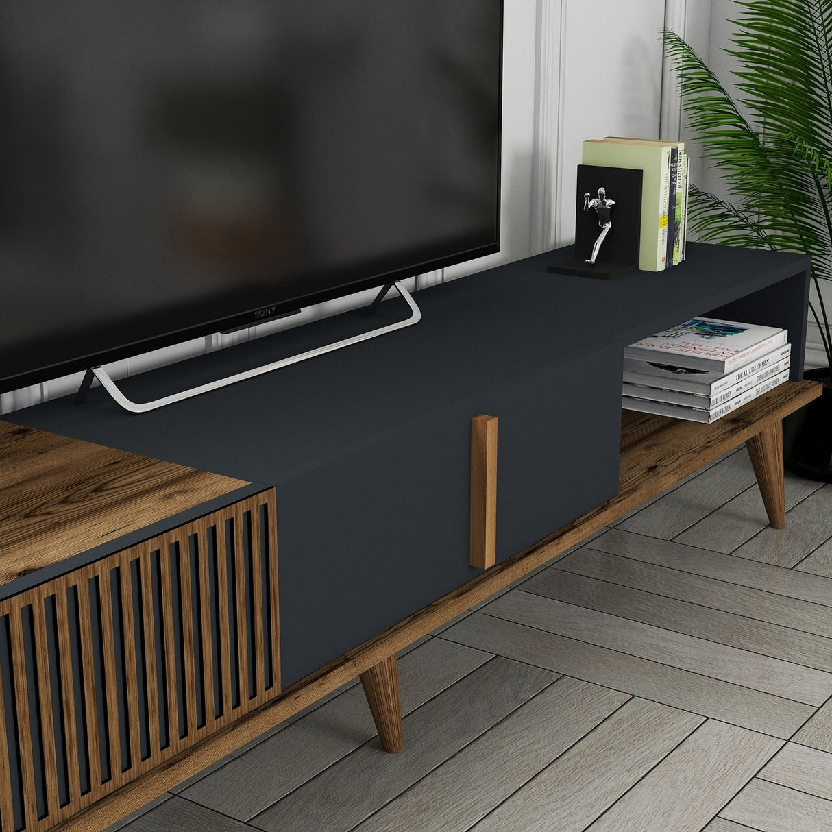 TV Meubels - TV Meubel Milan Alt Walnoot Antraciet Melamine 180x40x35 cm - Dimehouse