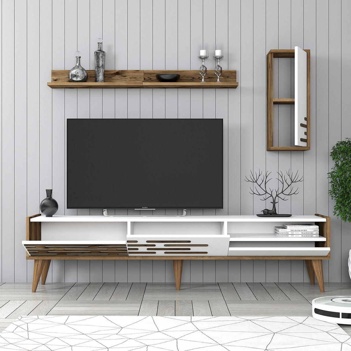 TV Meubels - TV Meubel Set Valensiya Walnoot Wit Melamine 180x35x45 cm - Dimehouse