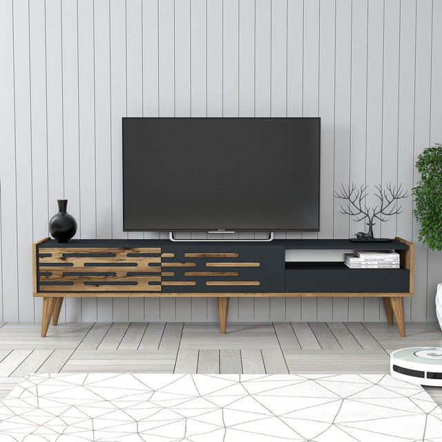 TV Meubels - TV Meubel Valensiya Walnoot Antraciet Melamine 180x35x45 cm - Dimehouse
